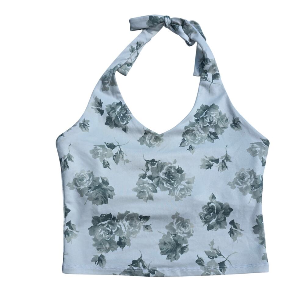 Hollister White Green Rose Halter Top Size M Y2k
